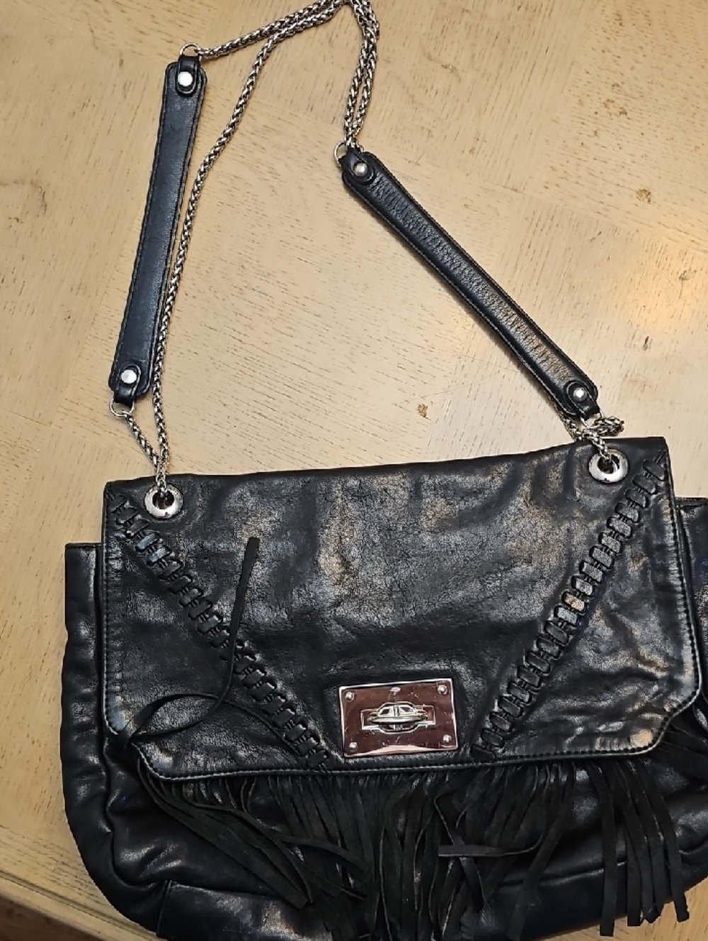 Black Leather Fringe Shoulder Bag with Chain Strap and Silver Plate